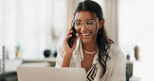 Woman, work from home and phone call with laptop for communication, online planning and happy networking. Professional freelancer talking on mobile and computer for marketing, chat or client feedback