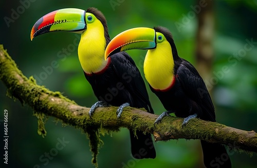 Toucan sitting on the branch in the forest. © RABEYAAKTER