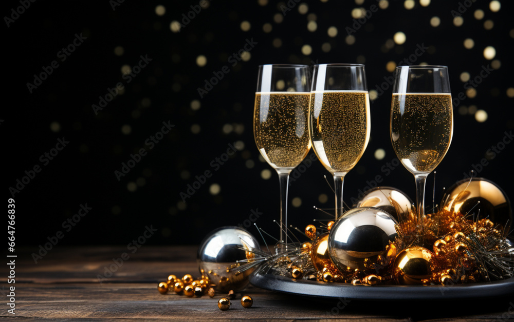 tło świąteczne, toast, kieliszki z szampanem, ozdoby świąteczne w kolorach złotym, srebrnym, drewniany stół - obrazy, fototapety, plakaty 