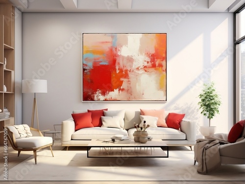Modern living room with canvas painting and colorful furniture generative ai
