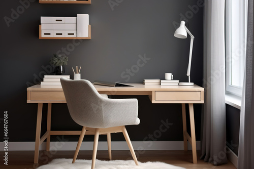Workplace with white chair at wooden drawer writing desk against of window near dark grey wall Interior design of modern scandinavian home office. © arhendrix
