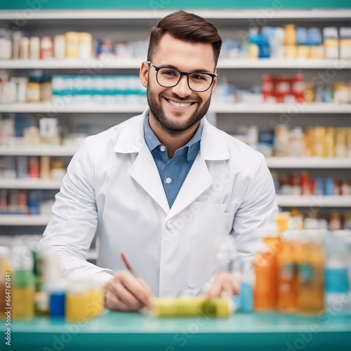 Farmacéutico sonriendo trabajando en una farmacia 