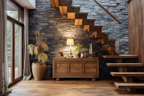 Wooden staircase and stone cladding wall in rustic hallway. Cozy home interior design of modern entrance hall with door.