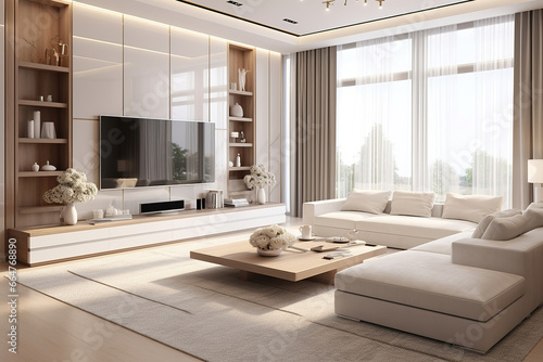 White sofa and tv unit in spacious room. Luxury home interior design of modern living room