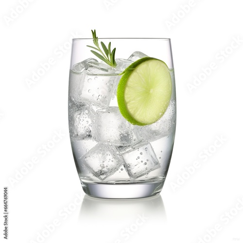 Gin tonic glass of water with ice isolated on white background.