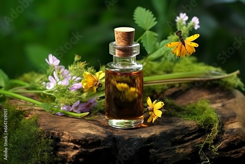 Glass Bottle of herbal essential extract  butterfly  and wildflowers on a tree stump.