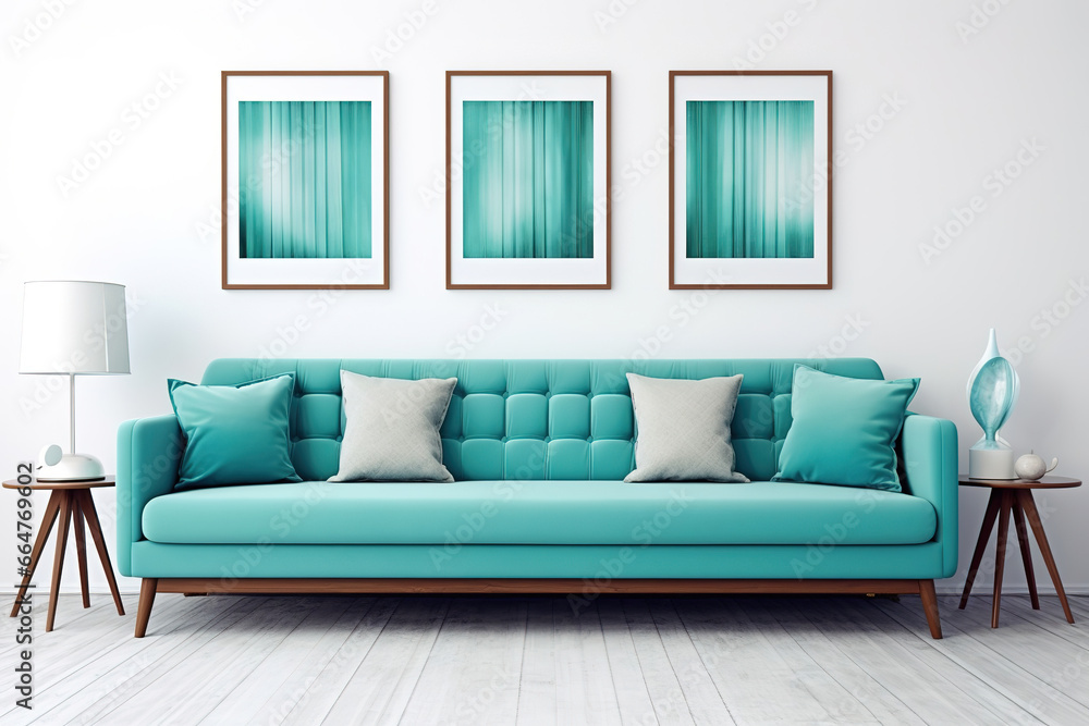 Teal sofa and three frames on white wall. Scandinavian home interior design of modern living room Teal sofa and three frames on white wall. Scandinavian home interior design of modern living room