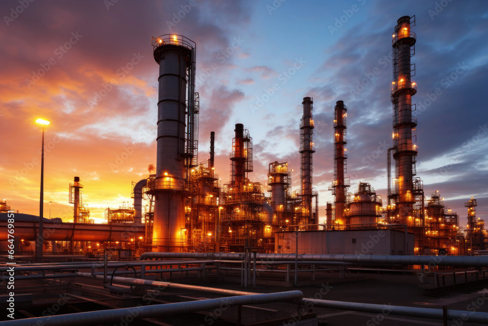 Fototapeta premium Oil refinery plant from industry zone, Aerial view oil and gas industrial, Refinery factory oil storage tank and pipeline steel at sunset. Smoke from the pipes.