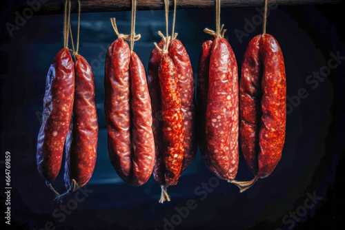 Close-up of sausage in a smokehouse. The sausage is hung for smoking. Aromatic smoke from smoking meat. Homemade farm production.