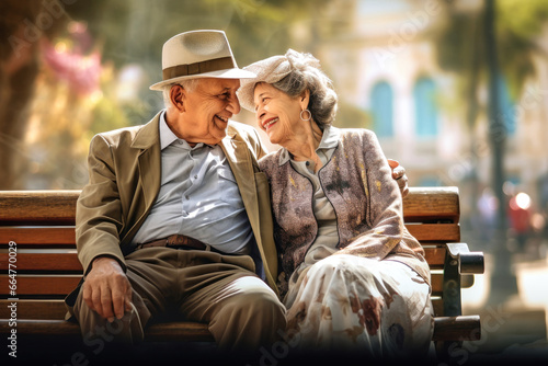 An elderly couple, a man and a woman, are sitting and hugging on a bench in the park. They enjoy communication. Date in the park. Older lovers. Relationships in old age. Love and romance.