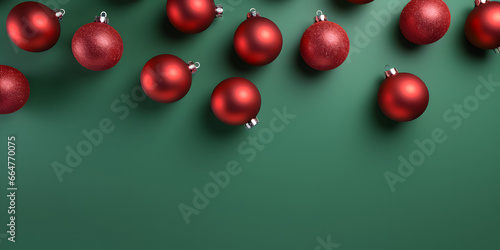 Christmas  red bauble decoration on green table background Festive Red Ball Decor for Christmas Celebration