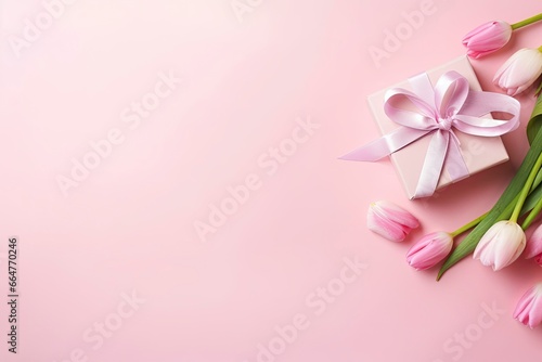 Pink gift box with ribbon bow and bouquet of tulips on isolated pastel pink background. © RABEYAAKTER
