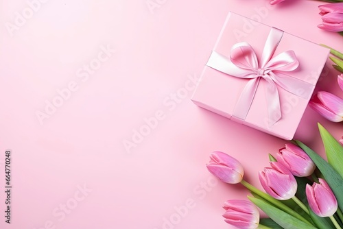 Mother's Day concept. Pink gift box with ribbon bow and a bouquet of tulips.