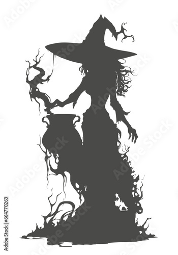 Wallpaper Mural Silhouette of young cute witch girl with cauldron. Long curly hair. Halloween relative character silhouette Torontodigital.ca