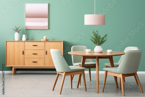 Mint color chairs at round wooden dining table in room with sofa and cabinet near green wall. Scandinavian, mid-century home interior design of modern living room. © arhendrix