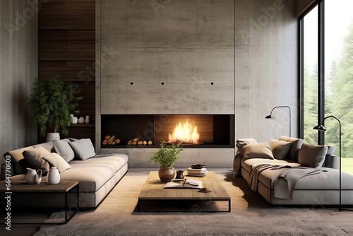 Minimalist style interior design of modern living room with fireplace and concrete walls © arhendrix
