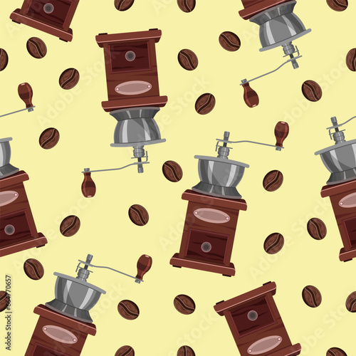Seamless pattern of a manual coffee grinder and coffee beans on a yellow background.Vector pattern for coffee shops,wallpaper,banners,textiles,paper.