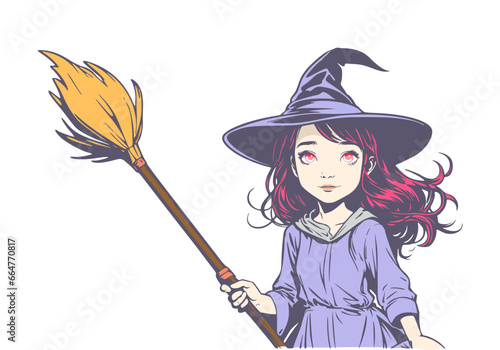 Happy young cute witch girl with broomstick sketchbook cartoon style illustration. Long curly hair and big anime style eyes. Halloween relative character
