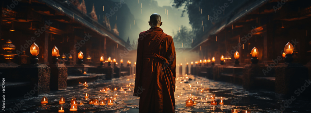 Asiatischer Mönch meditiert für innere Ruhe - obrazy, fototapety, plakaty 