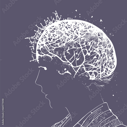 Psychotherapy, stress and psychosis. A man head in profile with a tangle of nerves, scribbles symbolizing a depressed state of a person. Psychological help. Personality disorder and depression