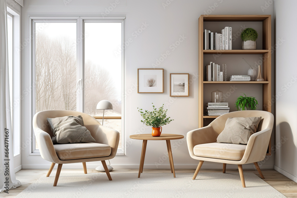 Fototapeta premium Lounge chairs against window near wall with wooden shelving units and cabinet. Scandinavian interior design of modern living room.