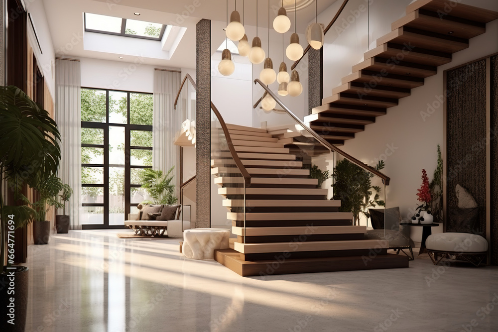 Interior design of modern entrance hall with staircase in villa. Interior design of modern entrance hall with staircase in villa.
