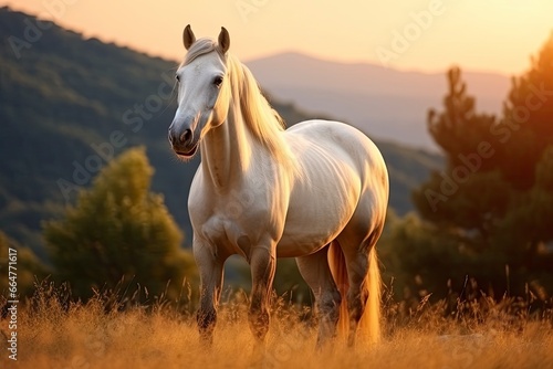 White horse or mare in the mountains at sunset. © RABEYAAKTER