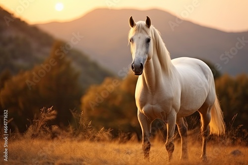 White horse or mare in the mountains at sunset.