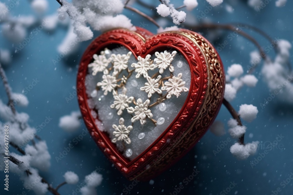 Heart-shaped object adorned with flowers and snowfall. Generative AI