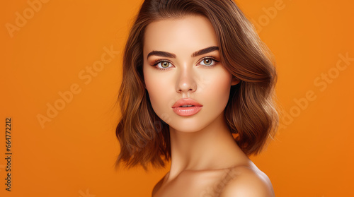 Portrait of a beautiful, elegant, sexy Caucasian woman with perfect skin, on an orange background, banner.