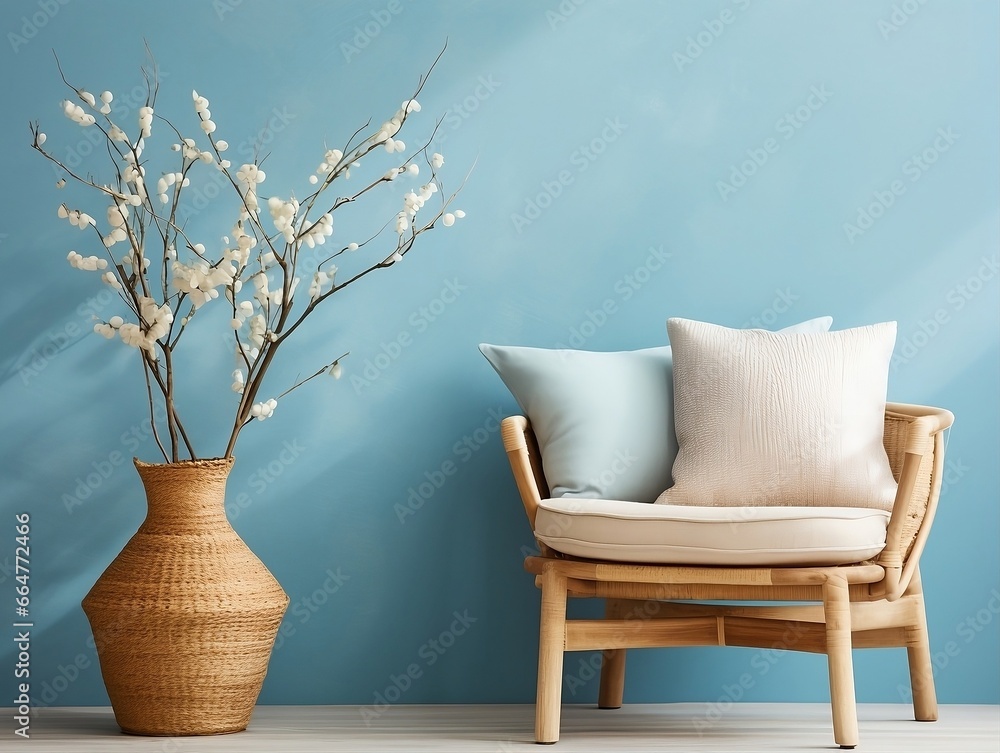 Wicker chair with pillows in front of blue wall and a pot with tree generative ai