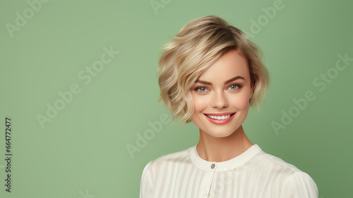 Portrait of a beautiful, sexy Caucasian woman with perfect skin and white short hair, on a light green background.