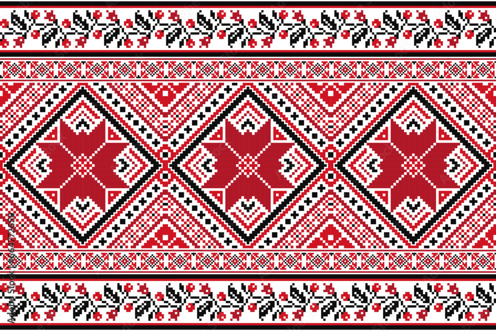 flower embroidery on white background. ikat and cross stitch geometric seamless pattern ethnic oriental traditional. Aztec style illustration design for carpet, wallpaper, clothing, wrapping, batik.