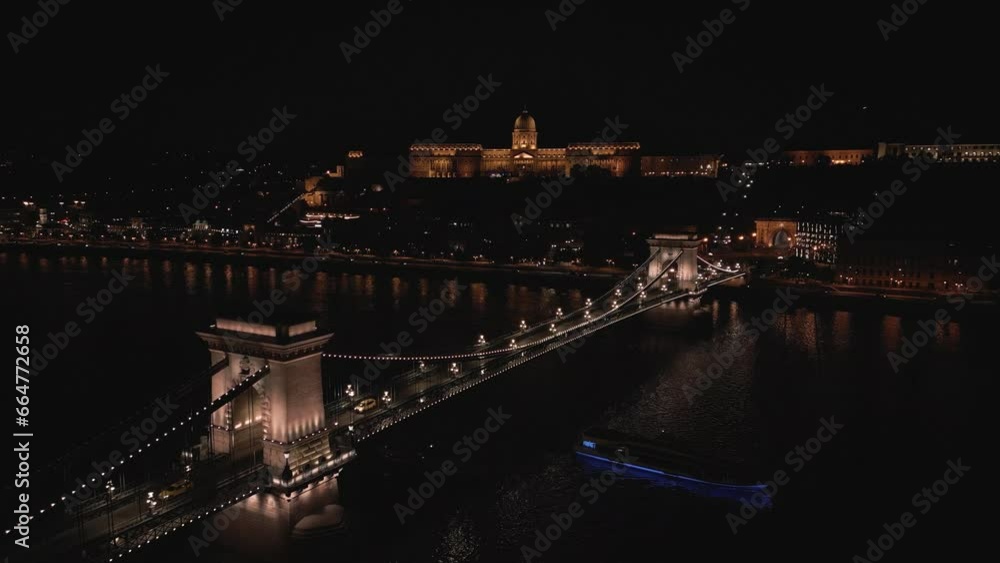 Szechenyi Chain Bridge at Night. Buda Castle in Background. Budapest, Hungary Szechenyi Chain Bridge at Night. Buda Castle in Background. Budapest, Hungary
