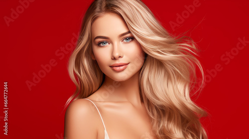 Portrait of a beautiful, sexy Caucasian woman with perfect skin and white long hair, on a red background.