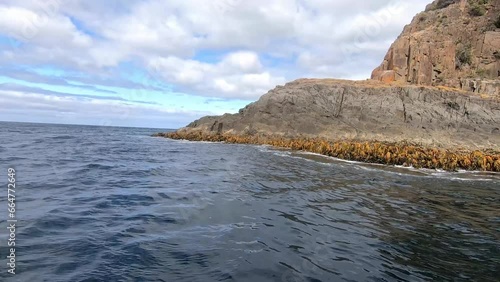 Fast tourist boat speeding past a rocky outcrop with kelp at Bruny Island in the Southern Ocean off Tasmania photo