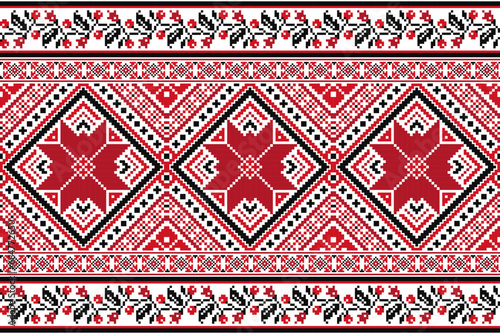 flower embroidery on white background. ikat and cross stitch geometric seamless pattern ethnic oriental traditional. Aztec style illustration design for carpet, wallpaper, clothing, wrapping, batik.
