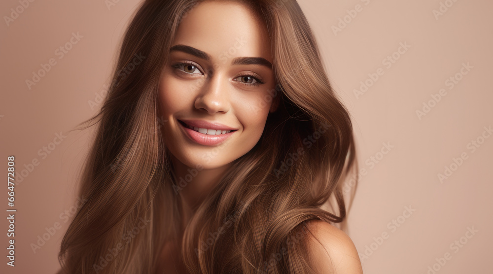 Naklejka premium Portrait of a beautiful, sexy happy smiling woman with perfect skin and long hair, on a creamy beige background, banner.