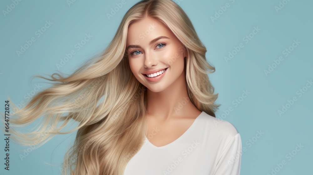 Portrait of a beautiful, sexy Caucasian woman with perfect skin and white long hair, on a light blue background. Portrait of a beautiful, sexy Caucasian woman with perfect skin and white long hair, on a light blue background.