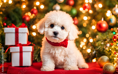 Bichon frise puppy by Christmas tree, gifts, interior holiday scene
