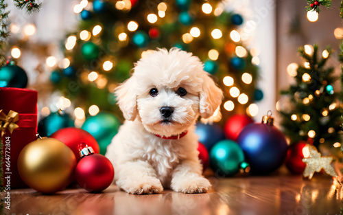 Bichon frise puppy by Christmas tree, ornaments, interior holiday scene
