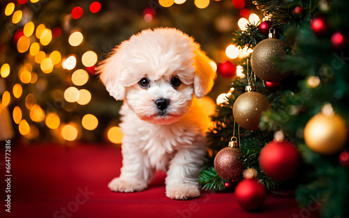 Bichon frise puppy by Christmas tree, peeking, interior holiday scene  © StudioJXW