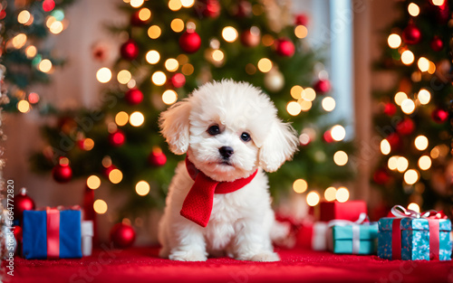 Bichon frise puppy by Christmas tree, scarf, interior holiday scene
