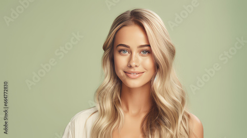 Portrait of a beautiful, sexy Caucasian woman with perfect skin and white long hair, on a light green background.