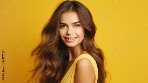 Portrait of a beautiful, sexy happy smiling woman with perfect skin and long hair, on a yellow background, banner. © ALA