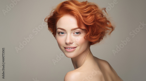 Portrait of an elegant, sexy smiling woman with perfect skin and short red hair, on a silver background, banner.