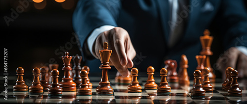Karriereplanung: Unternehmer bewegt Schachfigur auf dem Spielbrett