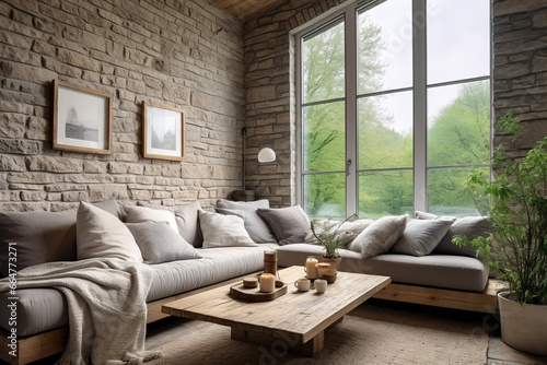 Corner sofa against window in room with stone cladding walls. Farmhouse style interior design of modern living room. © arhendrix