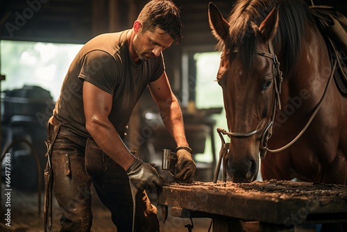 Artistry in Action: A Farrier Skillfully Shoeing Horses