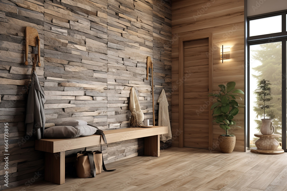 Coastal interior design of modern entrance hall with stone tiles wall ...